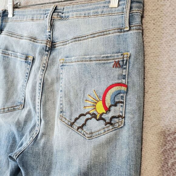 MM Vintage Women's Flare Raw Hem Embroidered Rocket Ship Sun Rainbow Jeans 29 - Picture 6 of 11